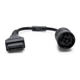 Black OBD-9 diagnostic cable with OBD-II connector on left and 9-pin circular connector on right.